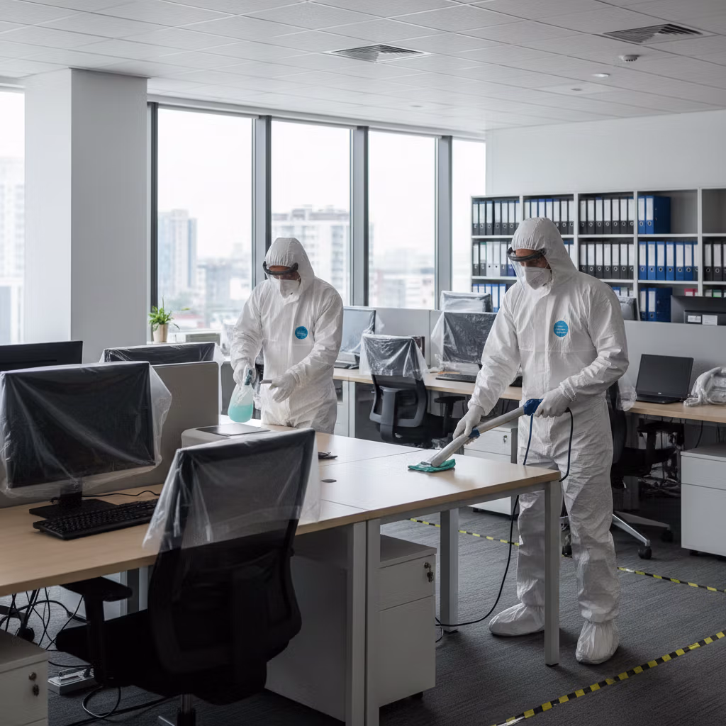 Pracownik Bestclean24 wykonujący dezynsekcję w bydgoskiej kamienicy