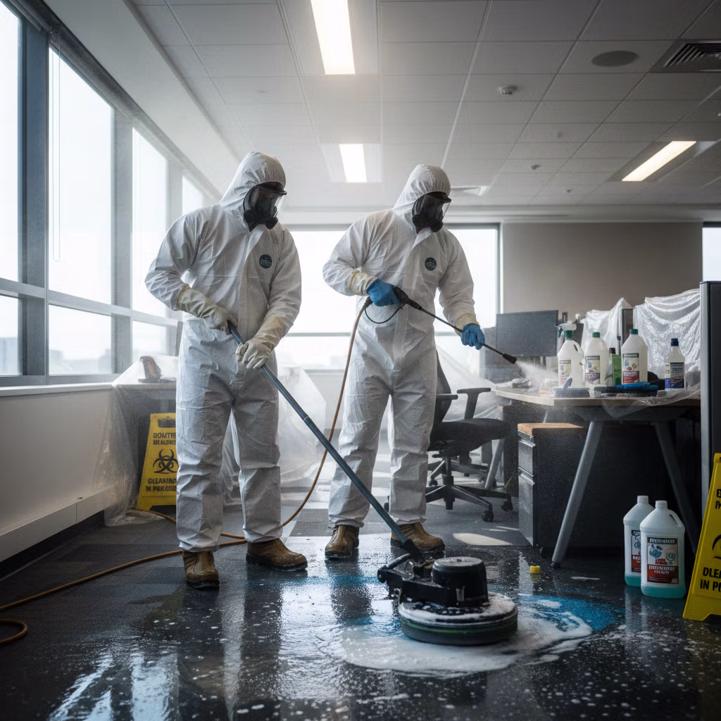 Pracownik Bestclean24 wykonujący profesjonalne czyszczenie posadzki w przemyskiej kamienicy