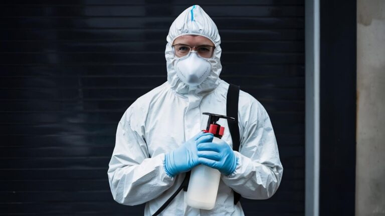 mężczyzna w specjalistycznym stroju przygotowujący się do dezynfekcji