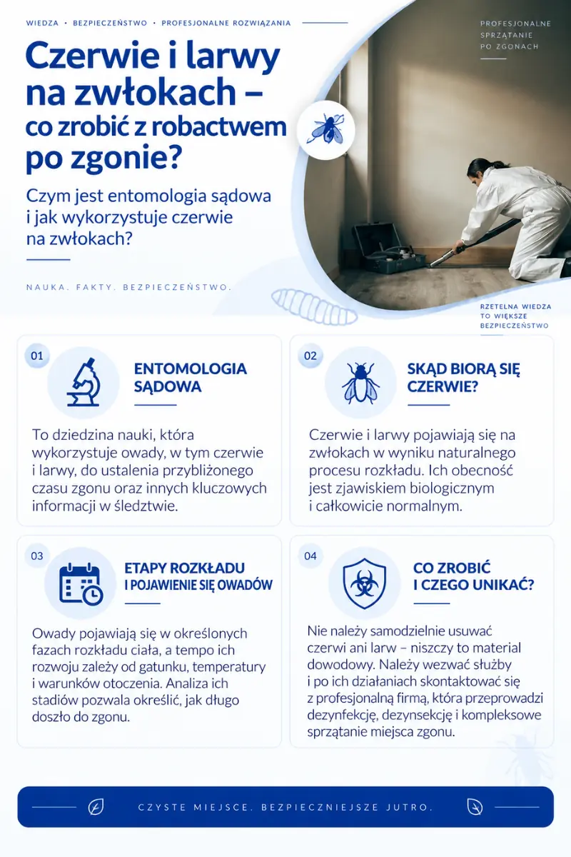 Infografika: technik w kombinezonie ochronnym z walizką sprzętową bada podłogę przy ścianie, obok informacje o entomologii sądowej i postępowaniu z owadami po zgonie