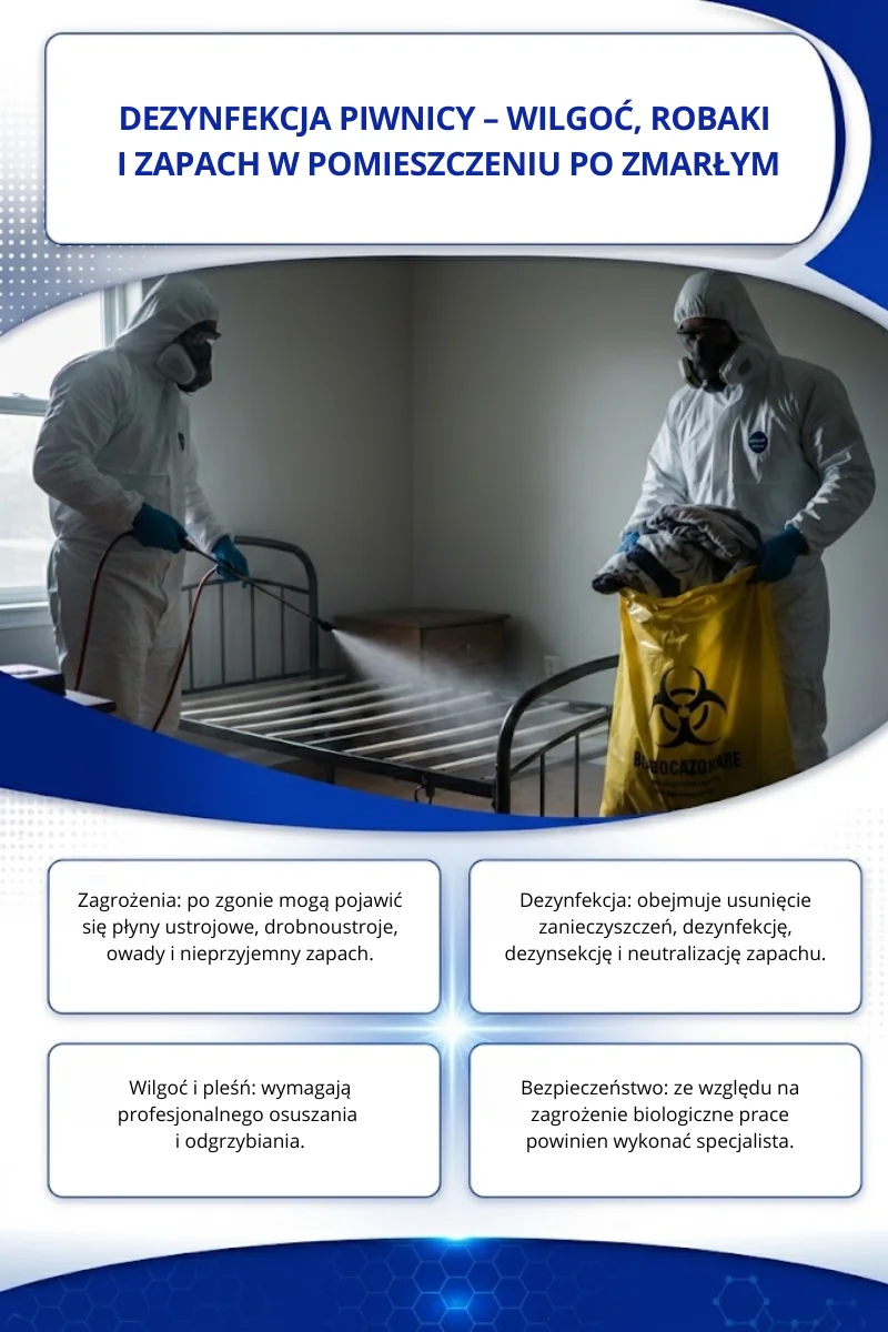 Infografika: dwaj technicy w kombinezonach ochronnych dezynfekują metalowe łóżko w piwnicy i pakują tekstylia do żółtego worka na odpady niebezpieczne, obok informacje o zagrożeniach biologicznych i etapach dezynfekcji