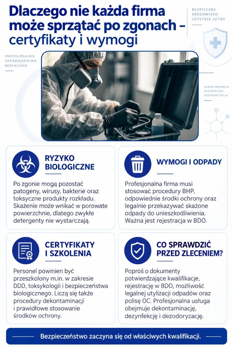 Infografika: technik w kombinezonie ochronnym i masce pełnotwarzowej przygotowuje sprzęt z walizki serwisowej, obok wymogi dotyczące ryzyka biologicznego, certyfikatów i utylizacji odpadów