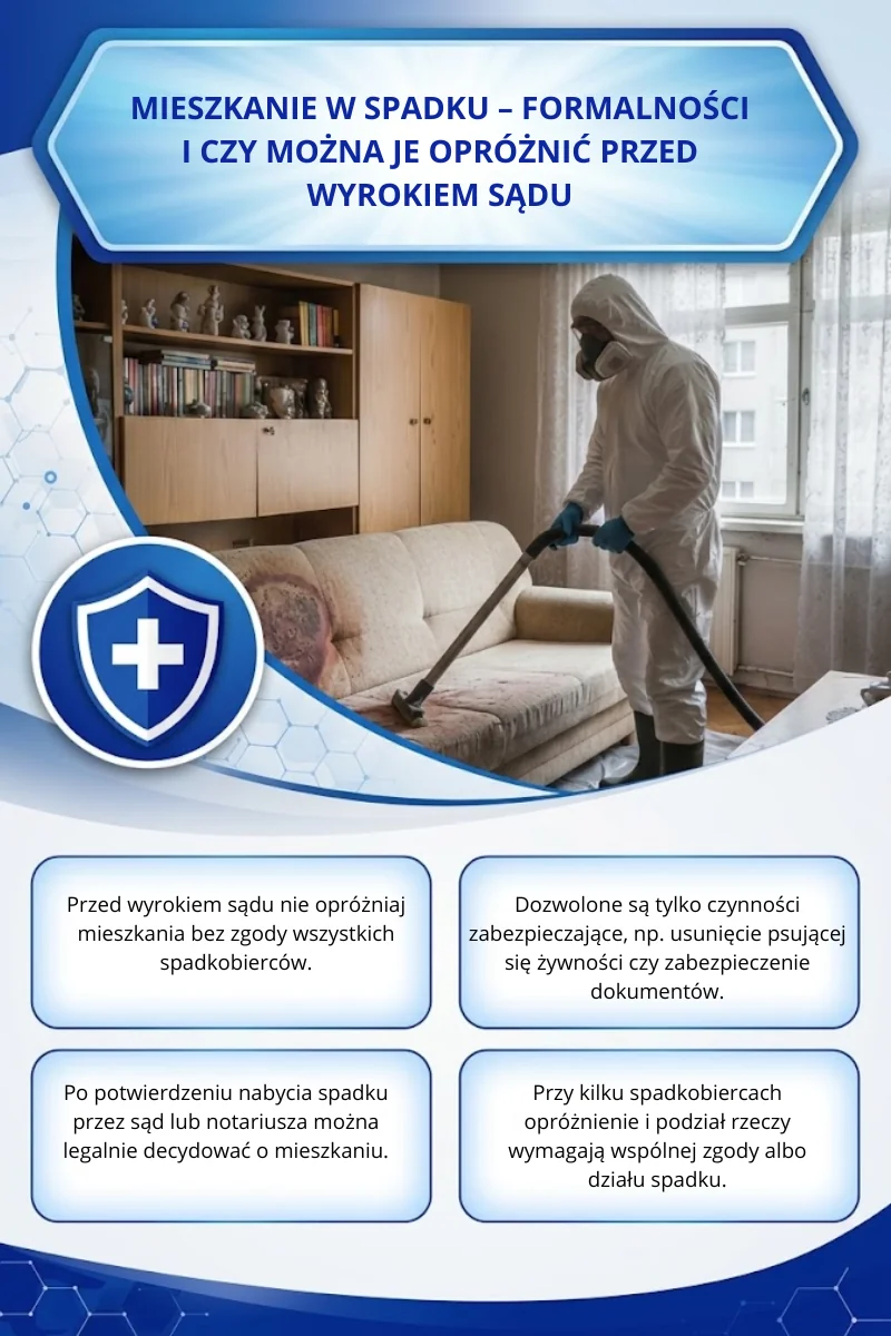 Infografika: technik w kombinezonie ochronnym odkurza zabrudzoną kanapę w opróżnianym mieszkaniu, obok zasady dotyczące opróżniania lokalu przed postanowieniem sądu o nabyciu spadku