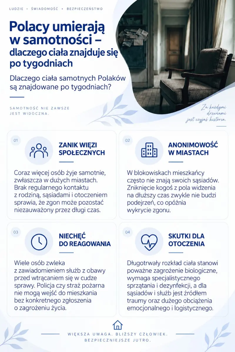 Infografika: opustoszałe mieszkanie z fotelem i drzwiami oklejonymi awizami, obok cztery przyczyny późnego wykrywania zgonów osób samotnych
