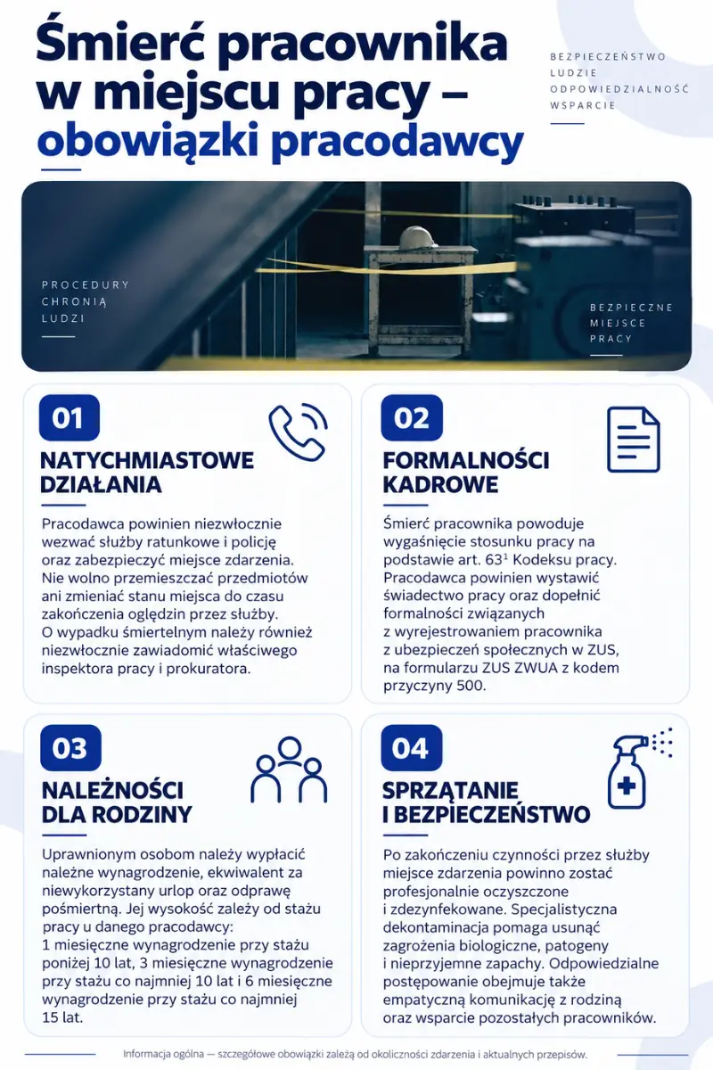 Infografika: hala produkcyjna z maszyną odgrodzoną żółtą taśmą ostrzegawczą i kaskiem na obudowie, obok cztery grupy obowiązków pracodawcy po śmierci pracownika