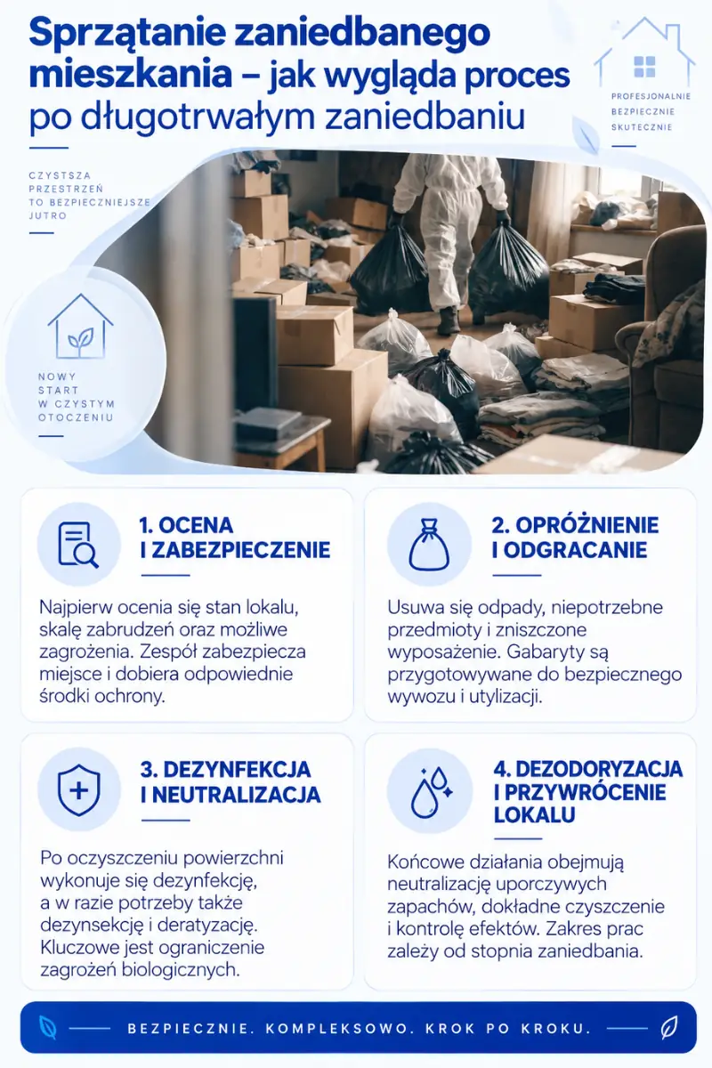 Infografika: technik w kombinezonie ochronnym wynosi czarne worki z zagraconego mieszkania pełnego kartonów i rzeczy, obok cztery etapy sprzątania zaniedbanego lokalu