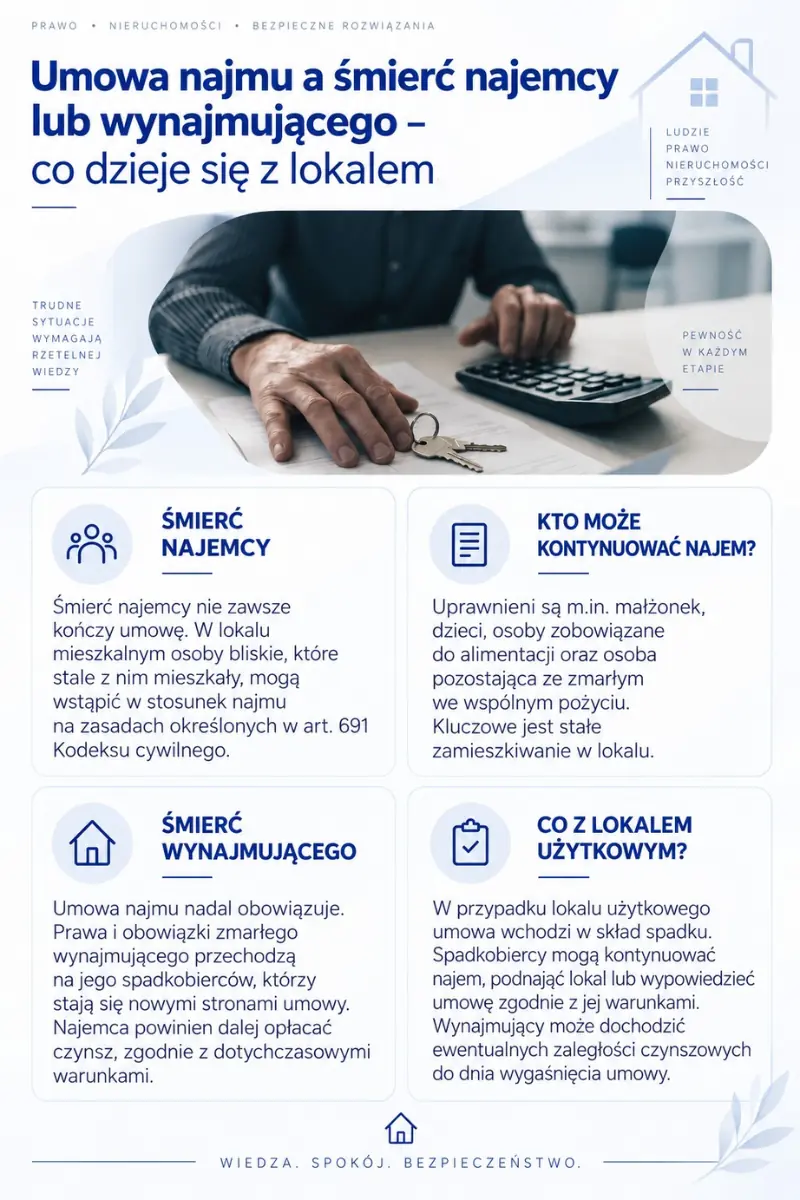 Infografika: dłoń mężczyzny oparta na dokumentach obok kluczy i kalkulatora, obok zasady dotyczące losu umowy najmu po śmierci najemcy lub wynajmującego