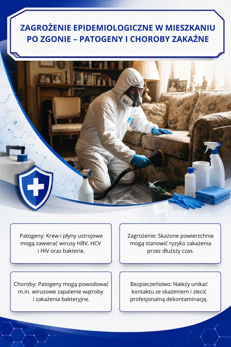 Infografika: technik w kombinezonie ochronnym i masce pełnotwarzowej dezynfekuje tapicerowaną kanapę w mieszkaniu, obok informacje o patogenach we krwi i płynach ustrojowych oraz o ryzyku zakażenia skażonych powierzchni