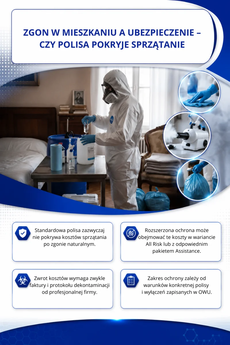Infografika: technik w kombinezonie ochronnym przygotowuje środki dezynfekcyjne w sypialni, obok informacje o zakresie standardowej polisy mieszkaniowej, rozszerzeniach All Risk i dokumentach potrzebnych do zwrotu kosztów